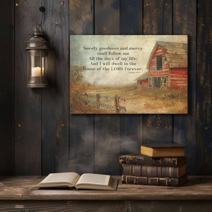 Barn Landscape Psalm 23:6 Canvas Wall Art for wholesale by Olive Branch Farmhouse