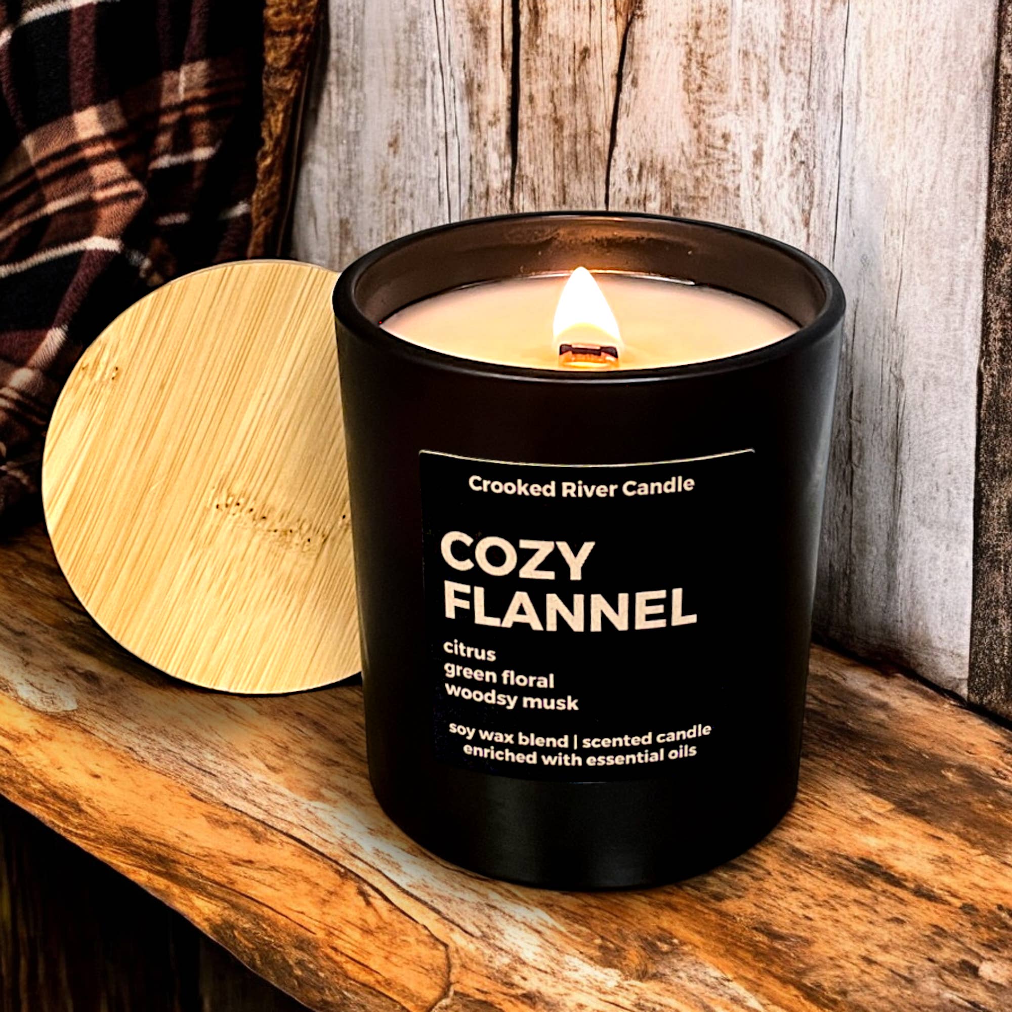 Crooked River Candle - Wholesale Jar/Filled Candle - Cozy Flannel Candle - Matte Black Jar w/ Bamboo Lid