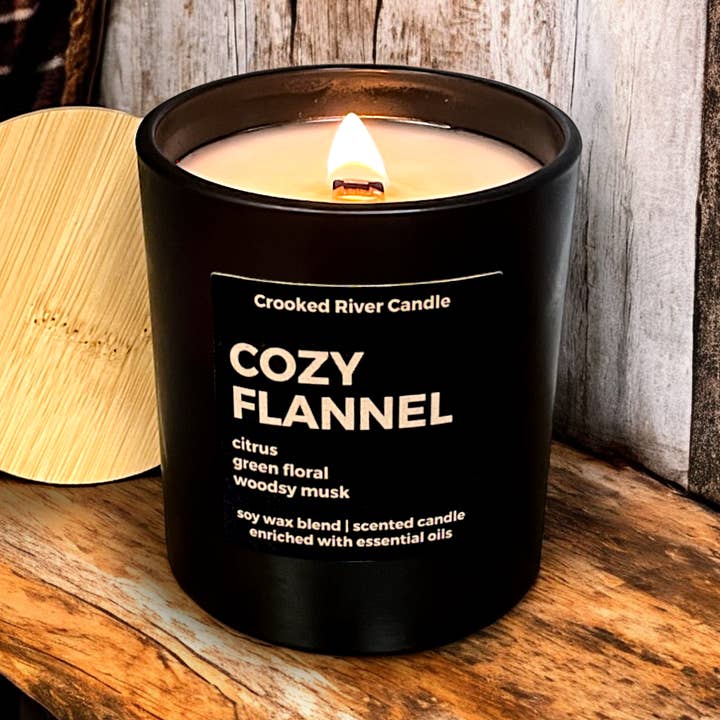 Crooked River Candle - Wholesale Jar/Filled Candle - Cozy Flannel Candle - Matte Black Jar w/ Bamboo Lid0