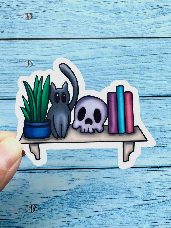 Witchy Book Shelf Vinyl Sticker, occult themed sticker for wholesale by Melanie Feltham Art