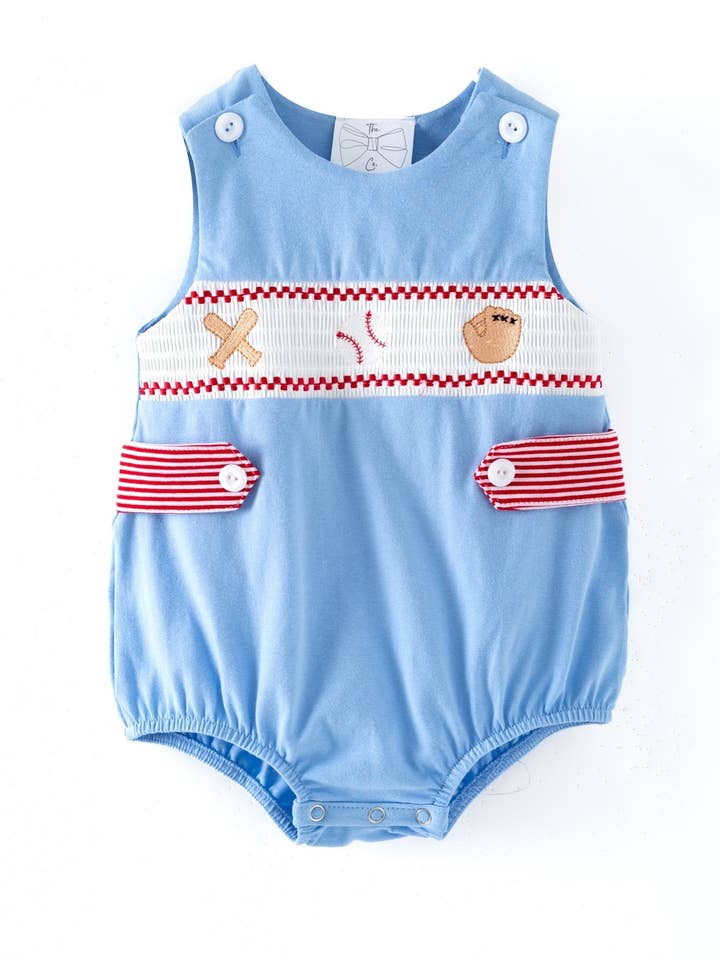 Baby Boy Blue Baseball Smocked Romper for wholesale by The Hair Bow Company