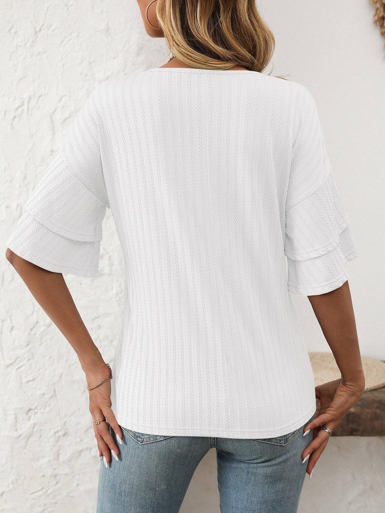 Lovesoft - Wholesale Blouse - Women's - 2026 Spring Solid Color V-Neck Ruffle Sleeve ShortSleeve Top16