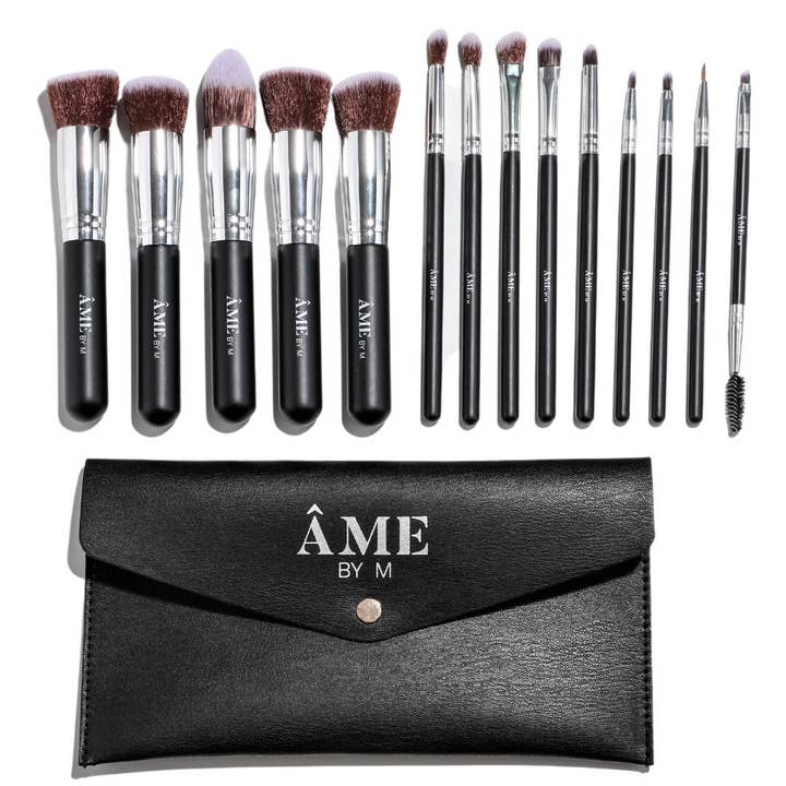14 Piece Black and Silver Professional Vegan Makeup Brush Set With Black Travel Clutch Makeup Bag for wholesale by ÂME BY M