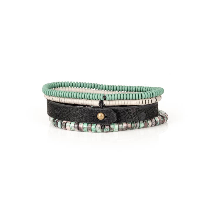 The Dark - Wholesale Beaded Bracelet - Women’s Mint Green & Black Leather Multi-Layer Bracelet2