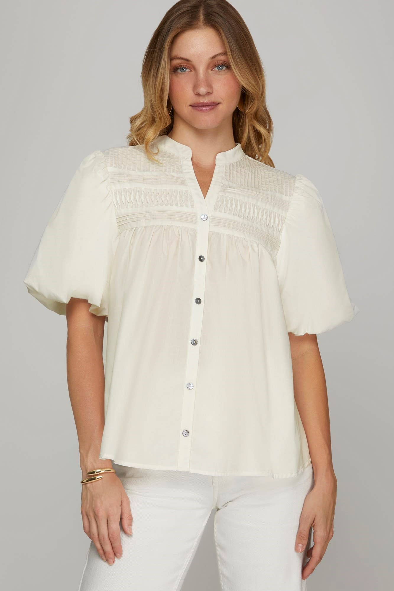 Peace Love Line – wholesale Blouse – Women’s – PL5241 - STAND NECK PINTUCK DETAIL WOVEN TOP2