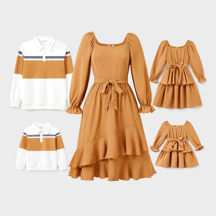 Brown Family Matching Long Sleeves Polo Shirt or Ruffle Hem Dress for wholesale on Faire