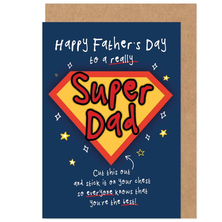 Biglietto per la Festa del Papà con Ritaglio di Distintivo Super Papà Eroe per la vendita all'ingrosso da parte di Bow & Bell