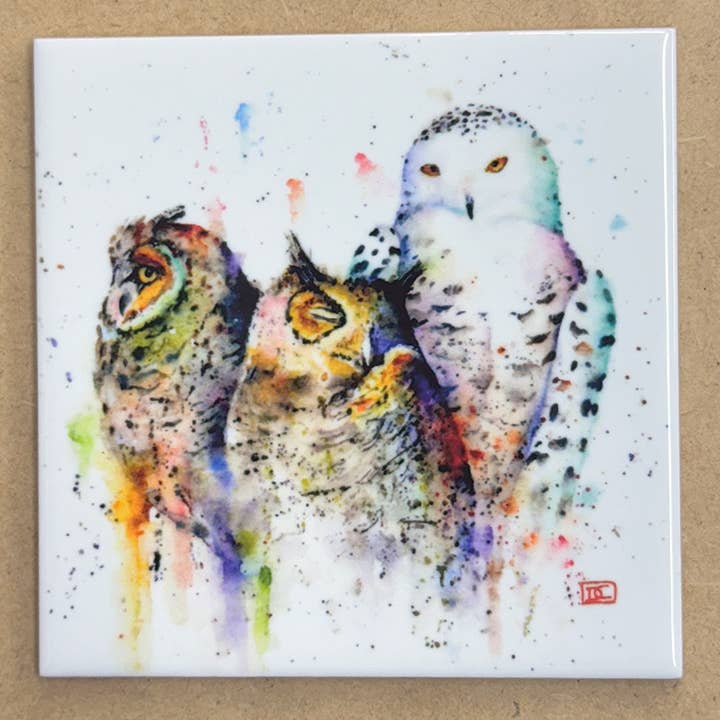 Ceramic Coaster 'OWL TRIO' for wholesale by The Art of Dean Crouser Greeting Cards & Stickers