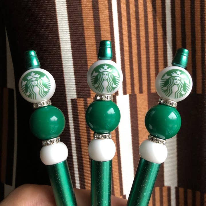 Amy Designs - Wholesale Pen - "Starbies" White and Green Starbucks Beaded Pen