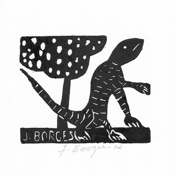 Sm. J. Borges Woodblock Print, Lizard and Tree #95, Brazil for wholesale by Tesoros Trading Company