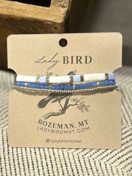 Bright White & Periwinkle Tila Bead Stacked Bracelet Set for wholesale by Lady Bird Market