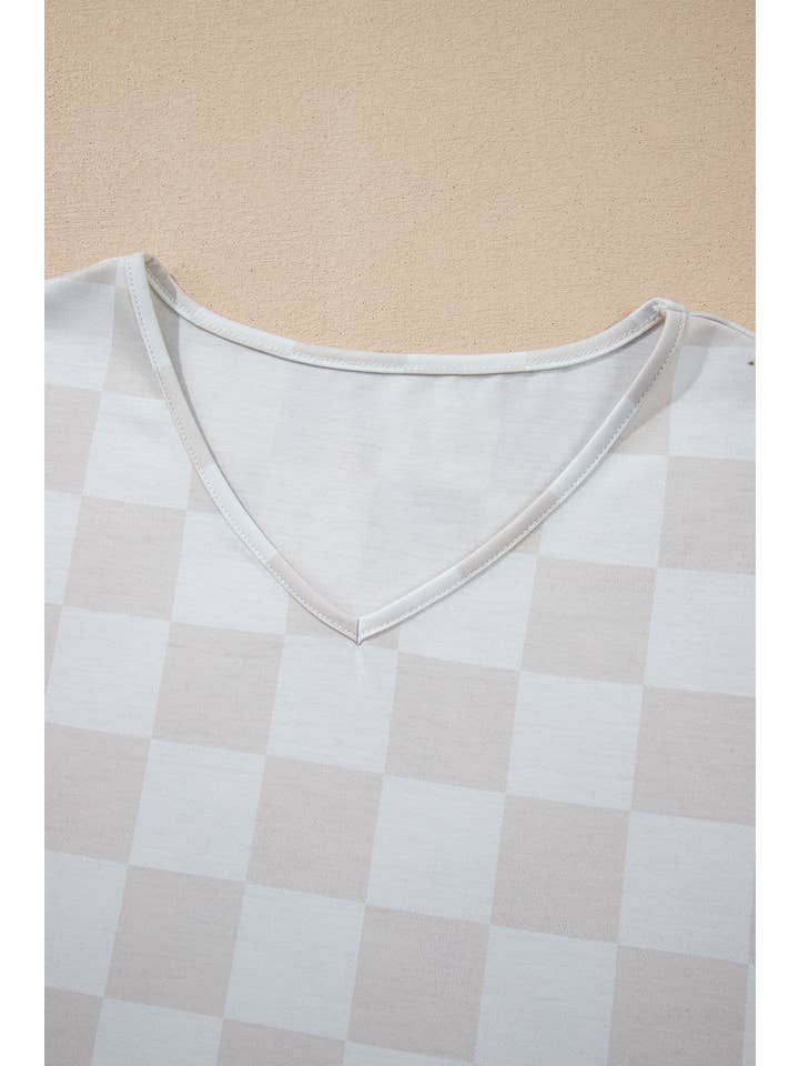 LA Society - Wholesale Lounge Set - Women's - Checkered V Neck Tee and Drawstring Shorts Lounge Set6