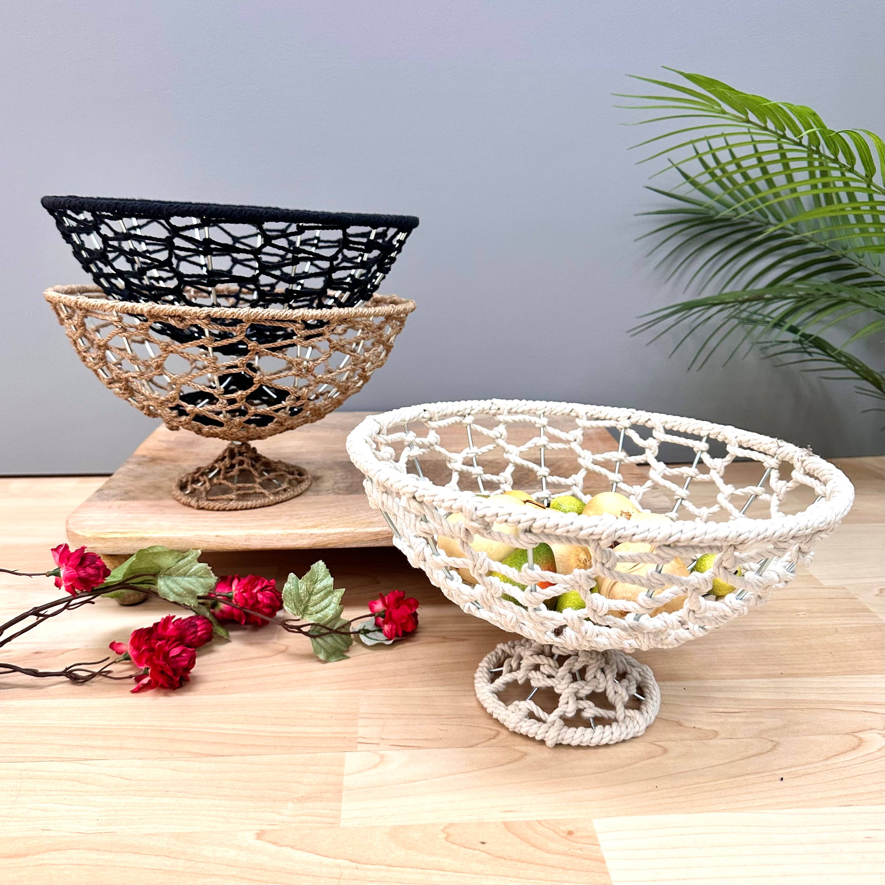 India Handicrafts Inc – Großhandel Korb – Jutegitter Runde Fußschalen (3er-Set)3