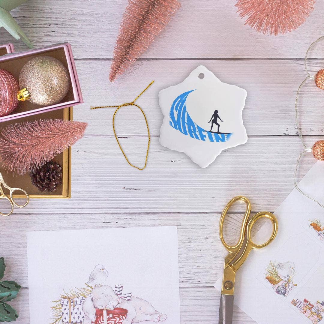 3dRose – wholesale Ornament – 3dRose, Woman surfer, blue wave, text surfing, white background, Ornament5