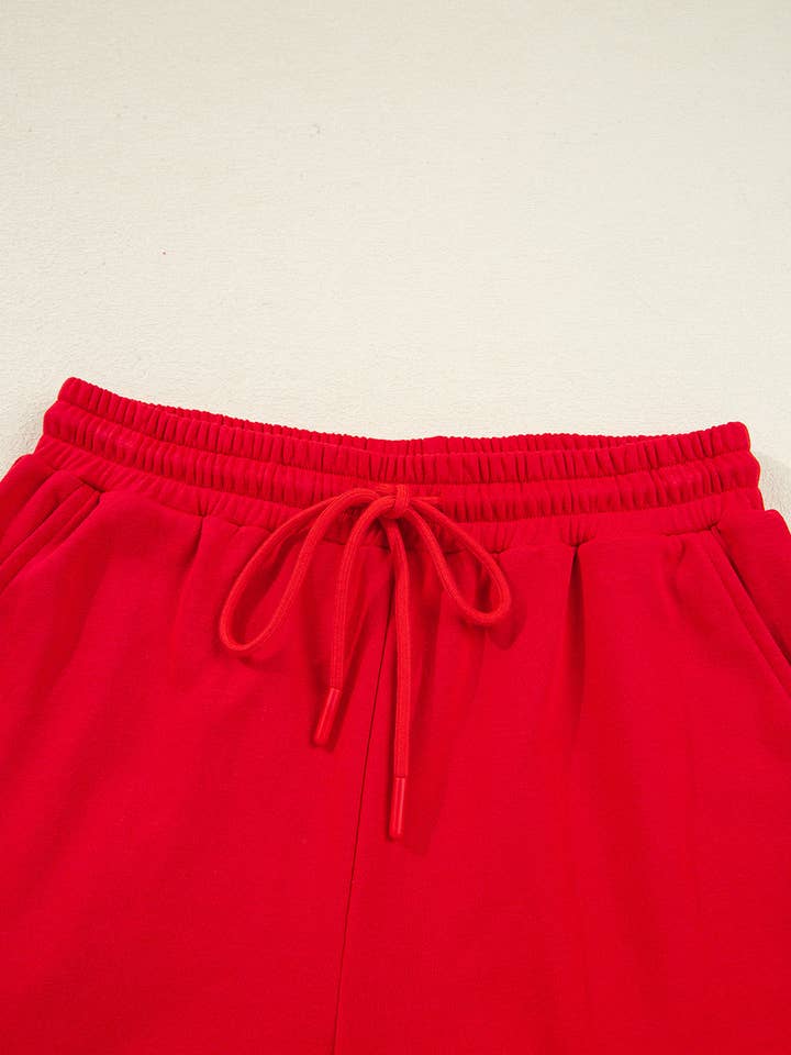 Fiery Red Varsity Striped Sleeve Drop Shoulder Sweatshirt and Short Set for wholesale on Faire10