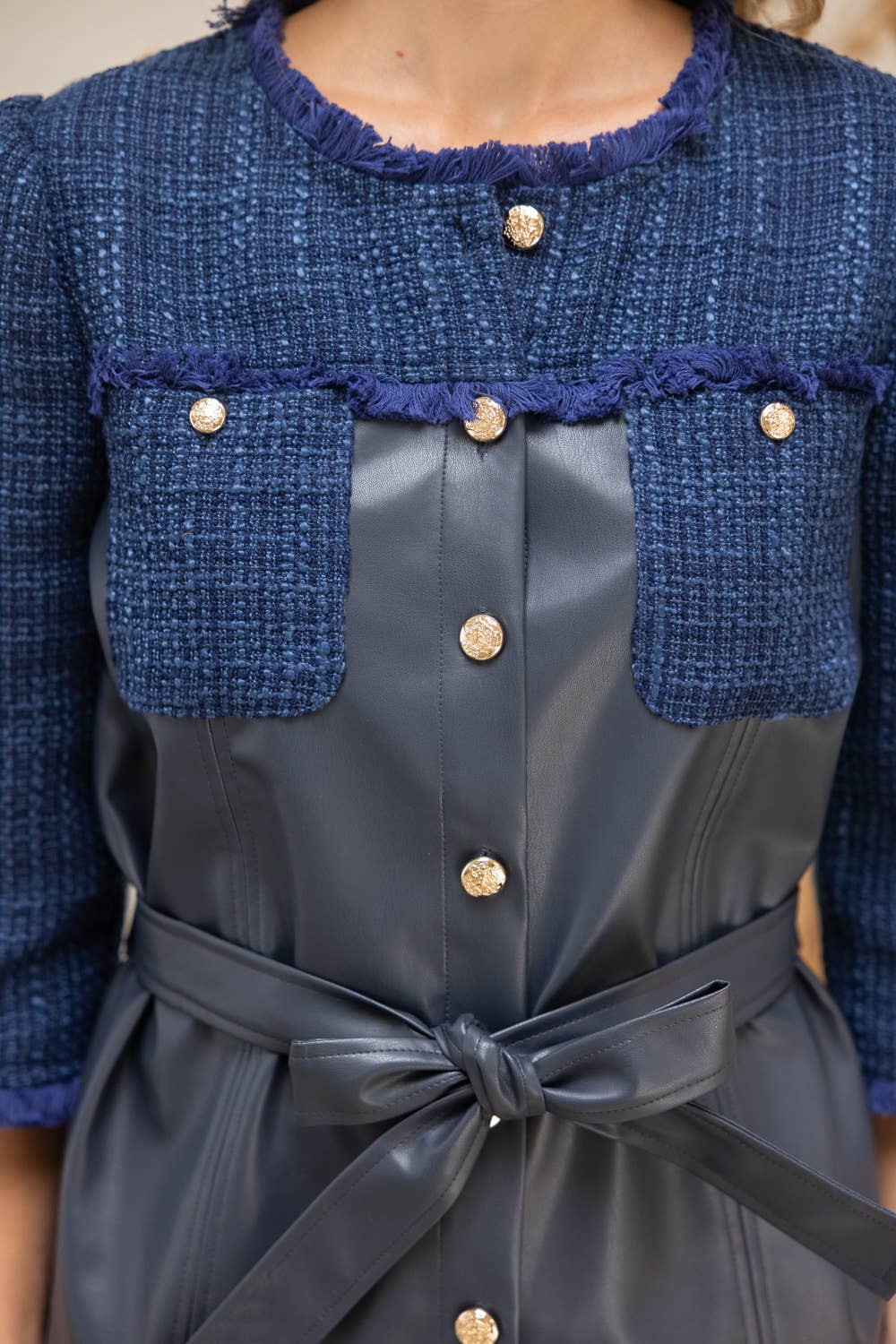 Navy 35949 Belted Solid Tweed and Faux Leather Jacket for wholesale on Faire6