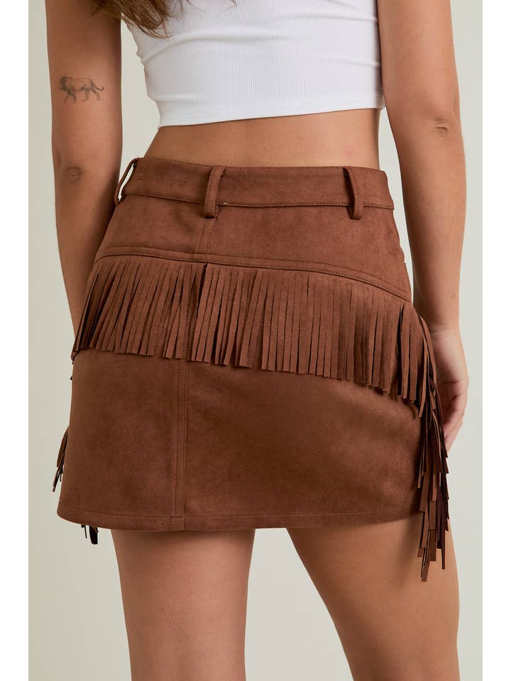 Brown FRINGE DETAIL LOW WAIST SUEDE SKIRT for wholesale on Faire5