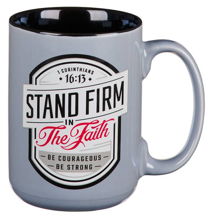 Mug Gray/Black Stand Firm 1 Cor. 16:13 for wholesale by Christian Art Gifts