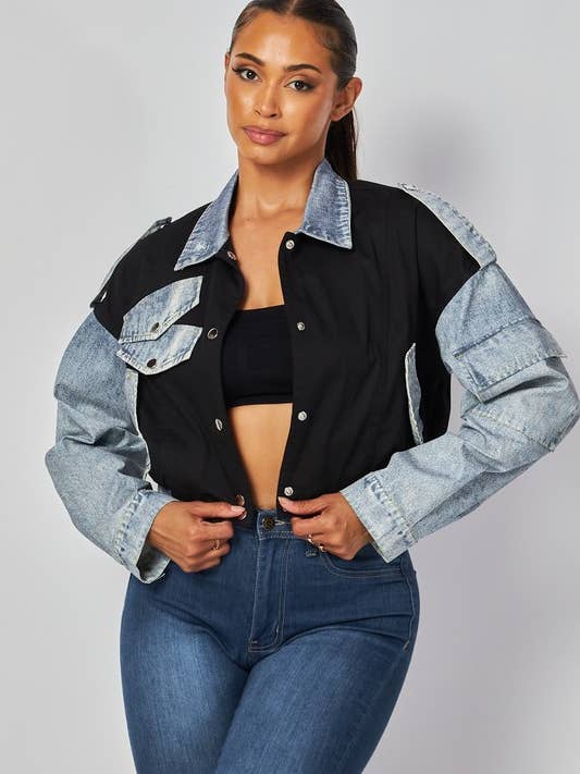 Giacca corta abbottonata in denim a contrasto - HOEA974 per la vendita all'ingrosso da parte di House of E ATL LLC