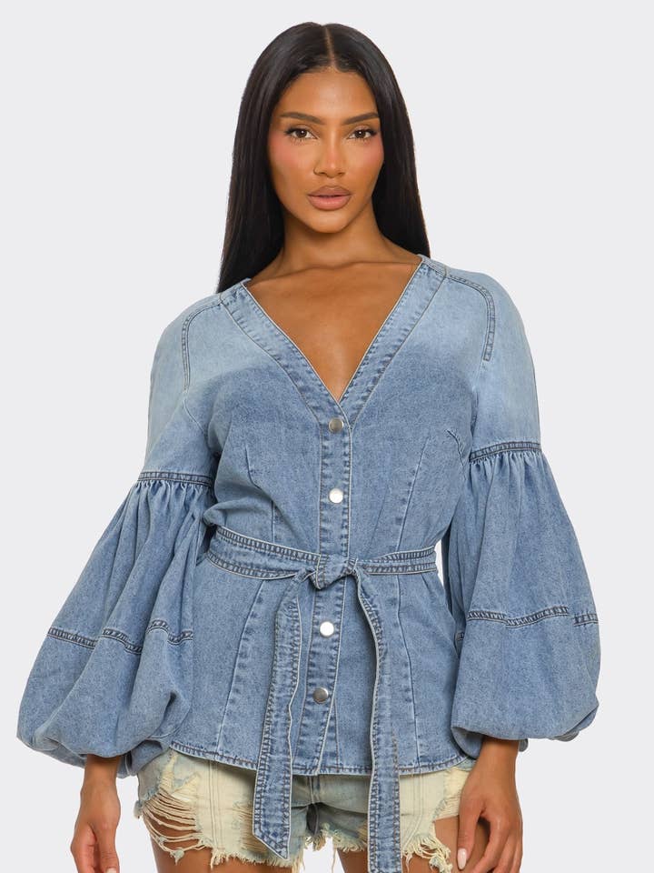 PLUS SIZE Denim Muse Puff Sleeve Button-Up Top for wholesale by Athina Collection