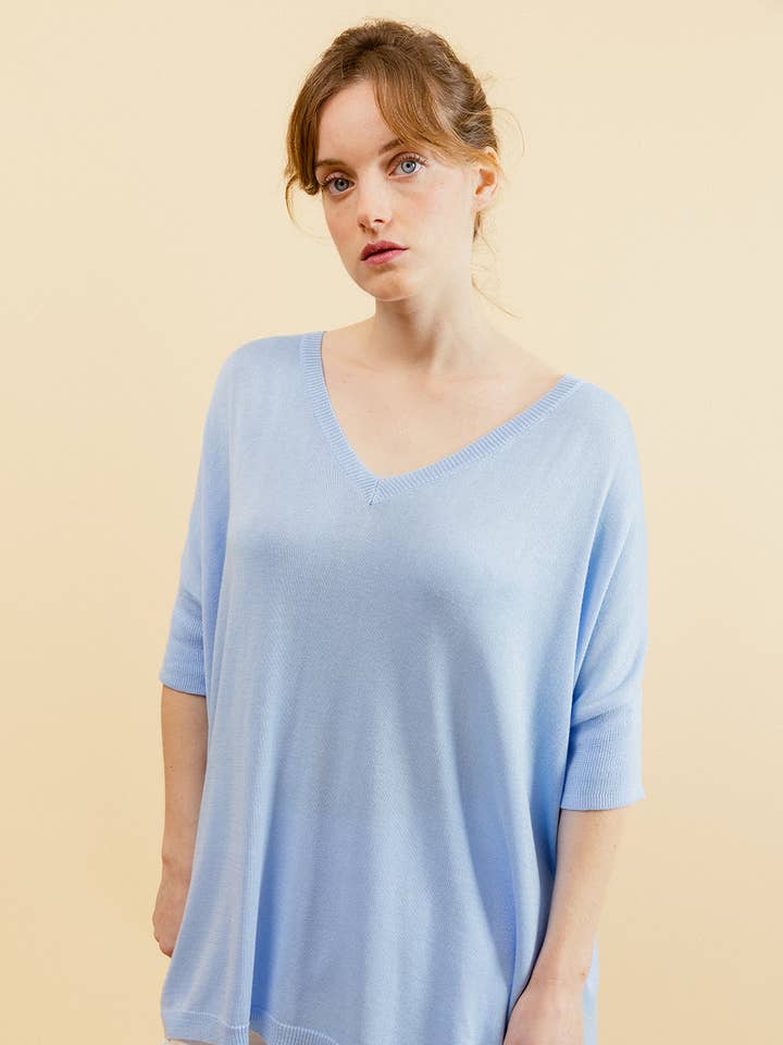 OVERSIZED 3/4 SLEEVE V-NECK SWEATER for wholesale by EMILIE K