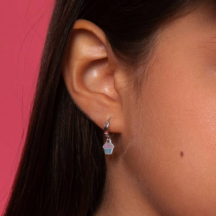 In Season Jewelry – wholesale Earrings – Kids – Cupcake Dangle 9mm Girls Earrings Hoop - Sterling Silver1
