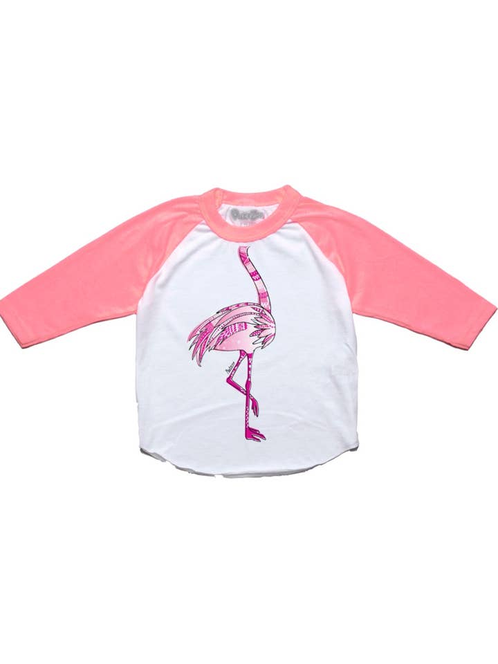 Toddler Flamingo Educational Raglan in White/Neon Pink for wholesale by Peek-A-Zoo