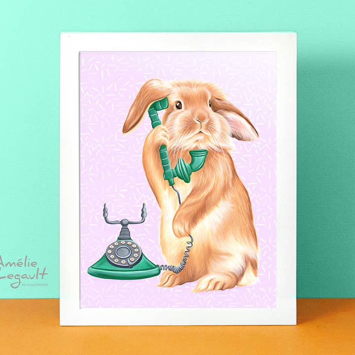 Rabbit on the Phone Art Print for wholesale by Sardines Studio