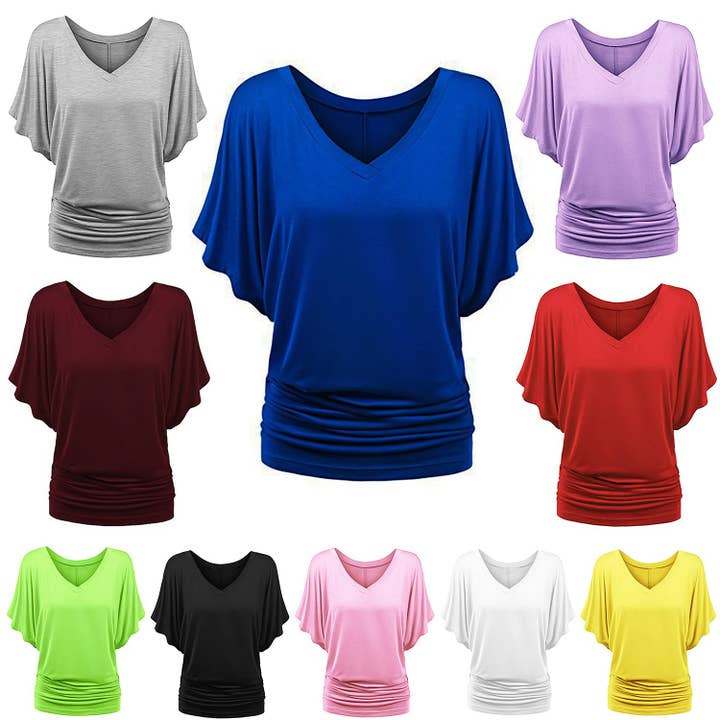 Plus Size Loose Fit Batwing Sleeve V-Neck Short Sleeve T-Shirt for wholesale by DREAM VERA APPAREL
