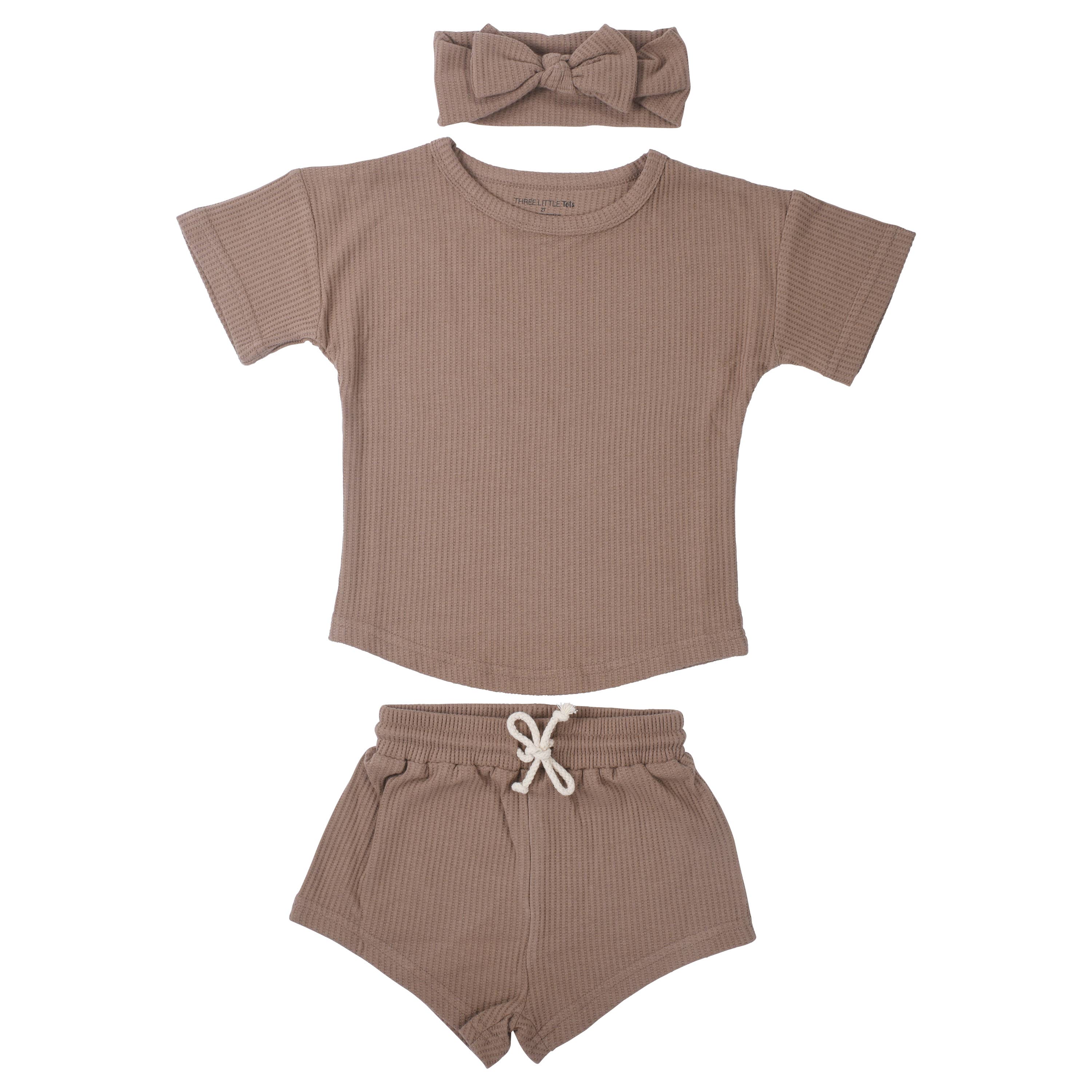 Three Little Tots - Wholesale Top & Short Set - Kids - Cocoa Sands Neutral Summer Waffle Toddler Top & Bottom Set0