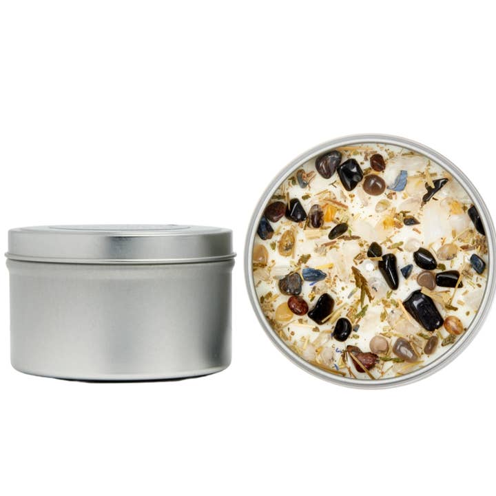New Moon Beginnings - Wholesale Travel Candles - Crystals & Herb Energy Candles 8oz Tin Soy Candles Handmade16