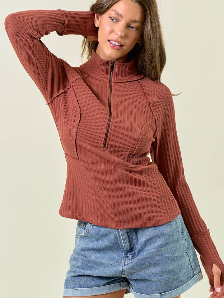 HALF ZIP-UP LONG SLEEVE TOP W/ THUMB HOLE - 45170T for wholesale by Doe and Rae