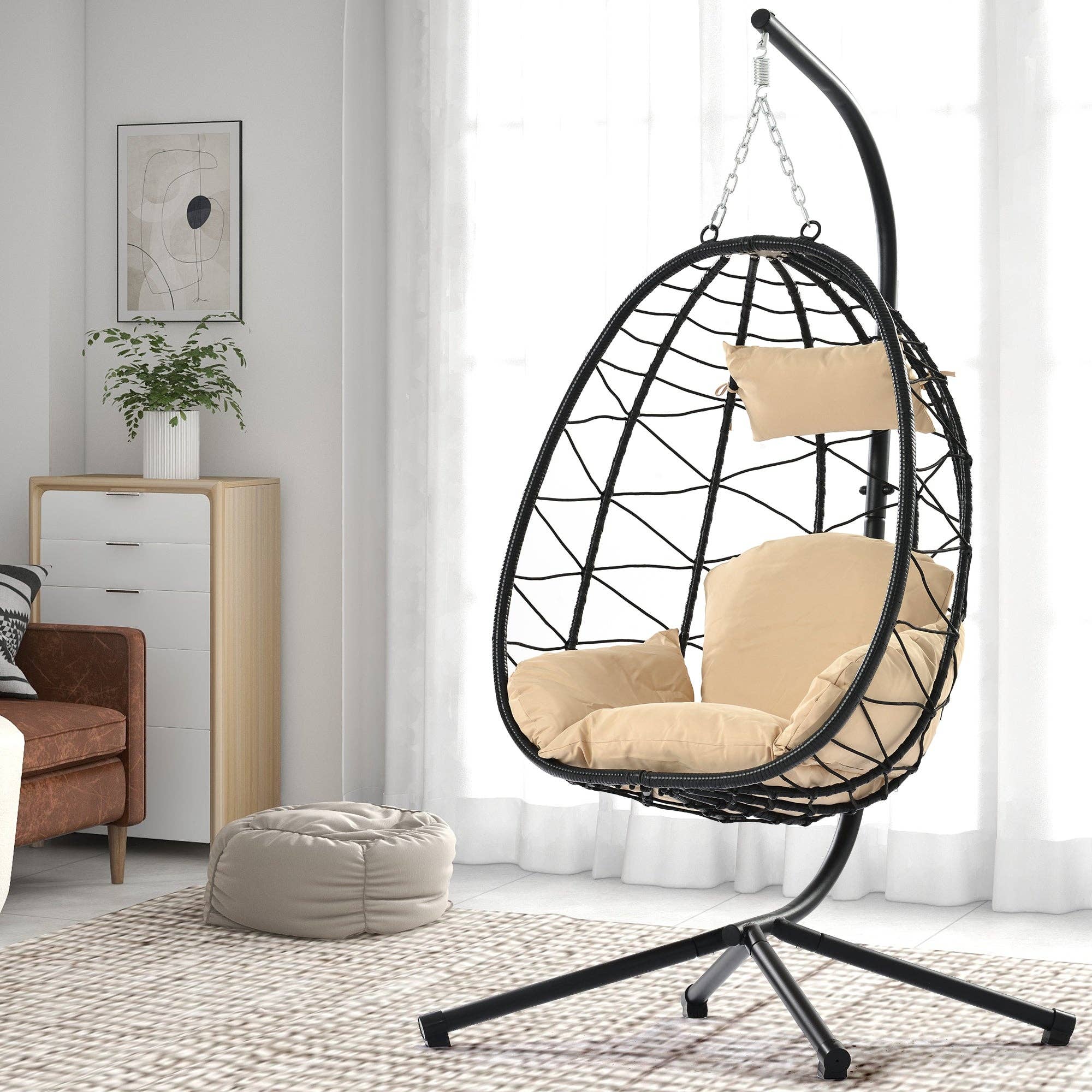 39F Inc. - Wholesale Egg Chair - Beige Wicker Hanging Egg Chair with Stand for Indoor Outdoor1