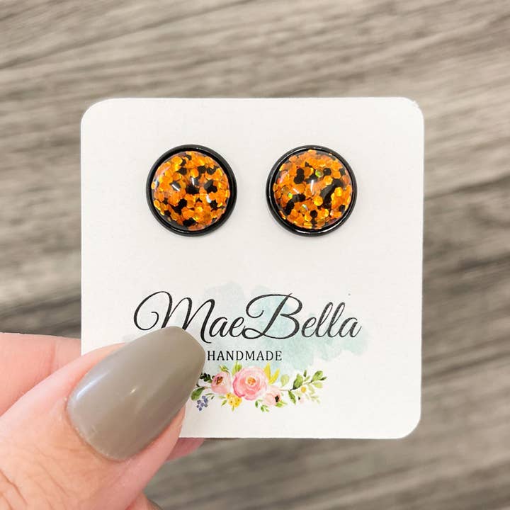 Stud Earring Singles Glitter Orange & Black for wholesale by Hazel Hill ~MaeBella~