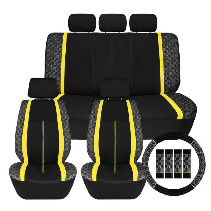 We Are Young Life is Fun Checker Printed Seat Covers - Combo Full Set Yellow for wholesale by FH GROUP