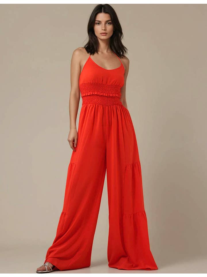 Red Ladies Halter Overall Elastic Waist Wide Leg Jumpsuit SKJ5KC901 for wholesale on Faire