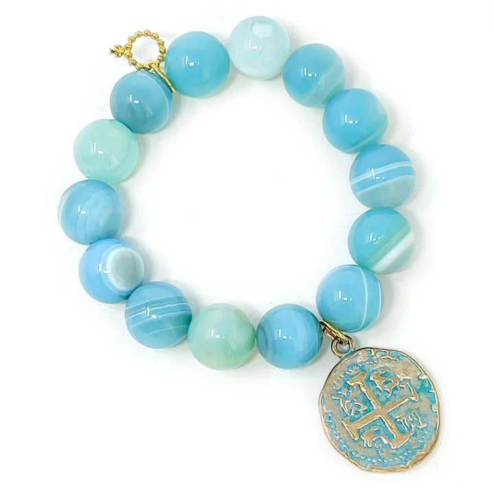 PowerBeads by jen - Wholesale Charm/Dangle Bracelet - Caribbean Agate with Aqua Patina Ancient Coin