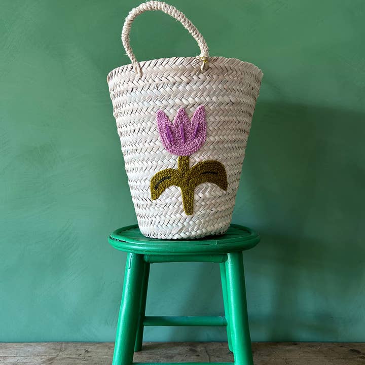 Bohemia Design - Wholesale Basket - Hand Embroidered Bucket Basket, Tulip