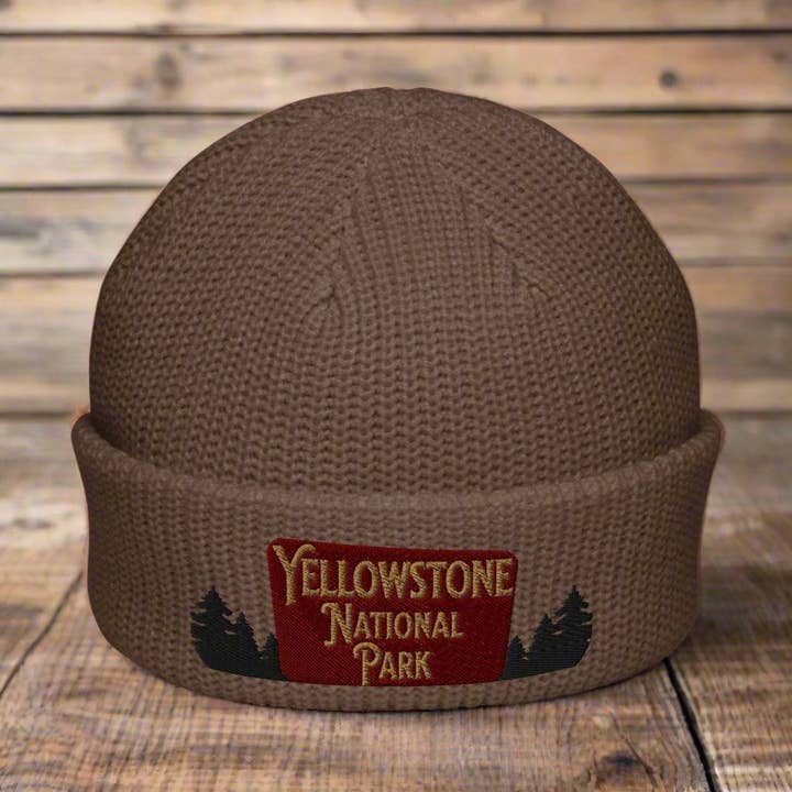 Yellowstone National Park Sign Embroidered Beanie Outdoorsy Fisherman Style for wholesale by Parks Apparel