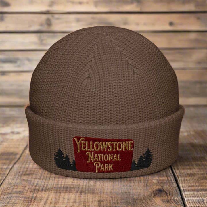 Yellowstone National Park Sign Embroidered Beanie Outdoorsy Fisherman Style for wholesale by Park Service Apparel
