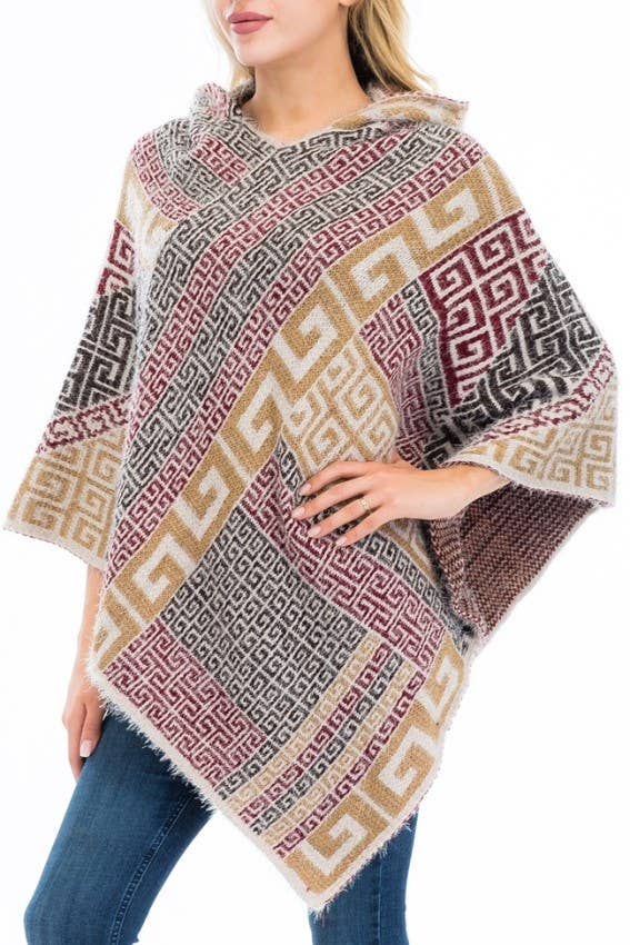 Cap Zone - Vente Poncho – femme - Poncho à capuche en faux angora Greek Key7