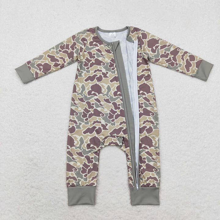 Aier Wholesale - Wholesale Jumpsuit - Baby - Baby Infant Boys Camo Green Fall Zip Bamboo Rompers1