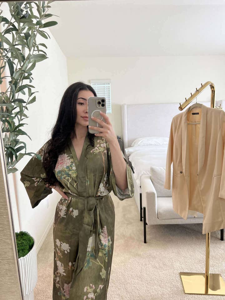 Floral Olive Kimono Robe for wholesale on Faire9