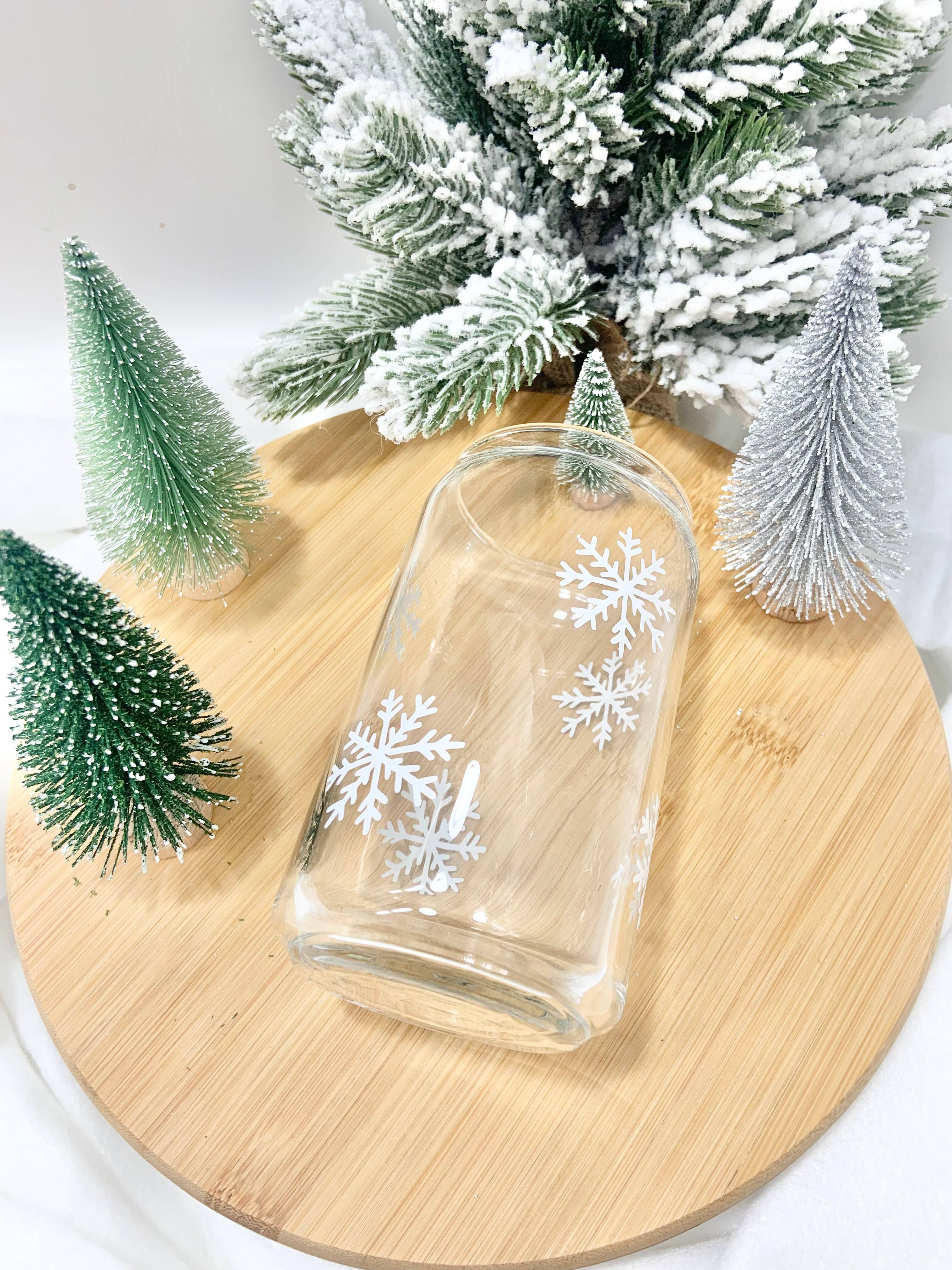 White Snowflake 16 oz Glass Cup for wholesale on Faire3