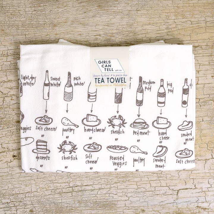 Food and Wine Pairing Tea Towel | kitchen towels for wholesale by Girls Can Tell