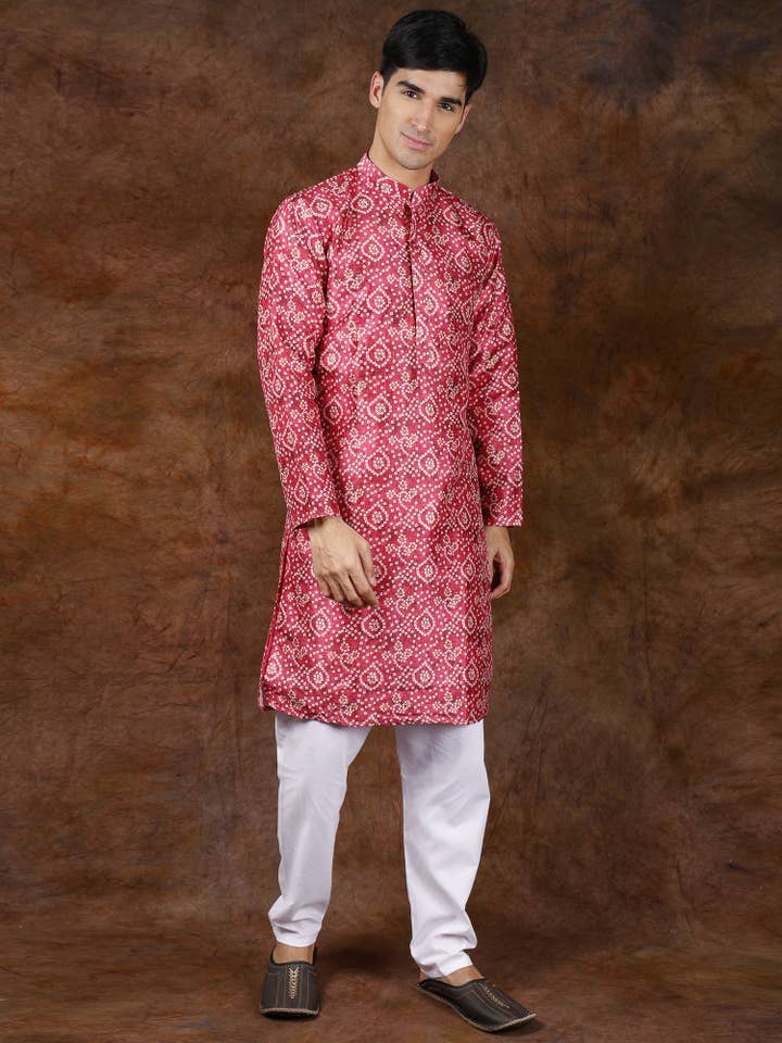 Exotic India Art – wholesale Suit set – men's – Bandhani Print Cotton Silk Mandarin Collar Kurta-Pajama Set1
