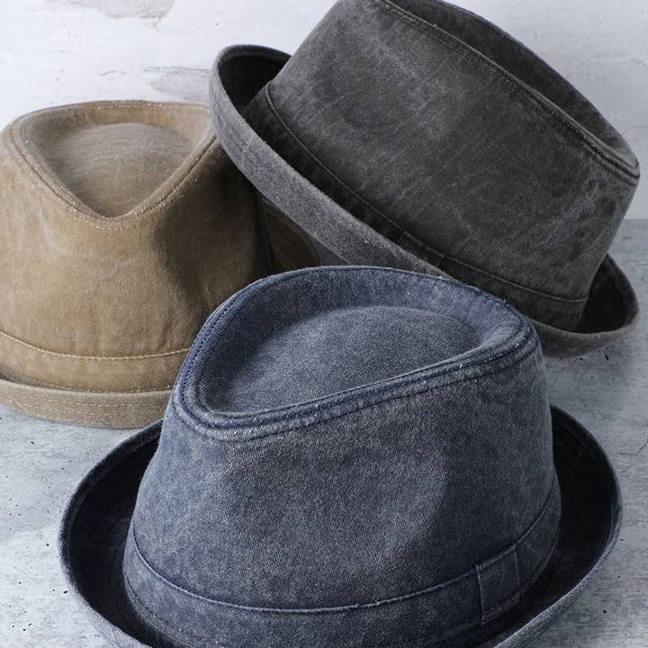 Fashion City - Wholesale Fedora - Women's - Washed Cotton Porkpie Fedora Hat with Folded Brim.8