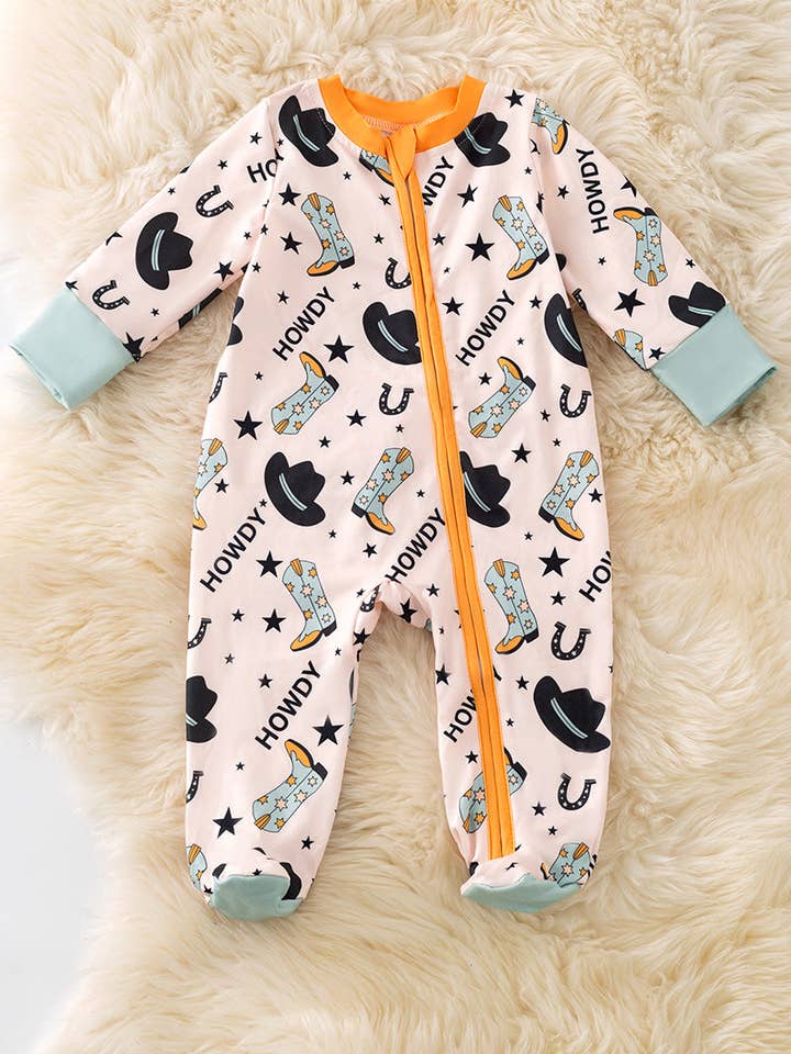 Howdy" Western printed on blue baby bodysuit . RPB50470 SOL for wholesale by Kids Charm Online