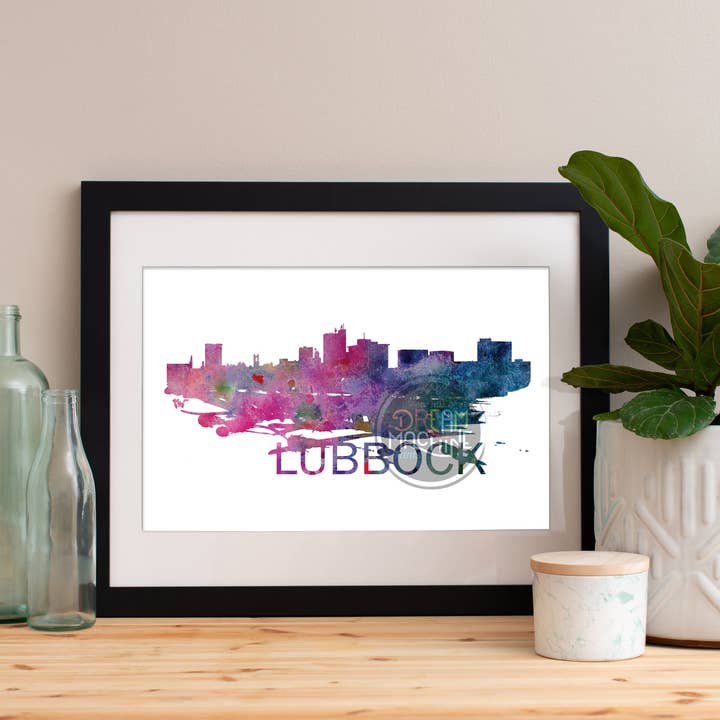Lubbock Watercolor Skyline, Lubbock Skyline, Lubbock Art, Lubbock Poster, Lubbock Print, Lubbock Art, Lubbock Map, Lubbock Wall Art, Texas WCS83 for wholesale by DreamMachine Prints