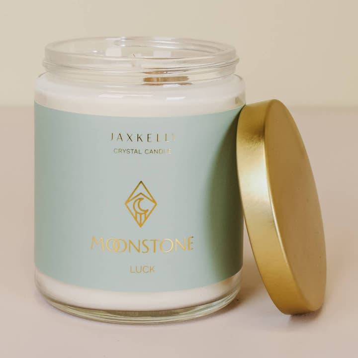 JaxKelly Candles - Wholesale Jar/Filled Candle - 9oz Clear Crystal Candles - Moonstone - Good Luck0